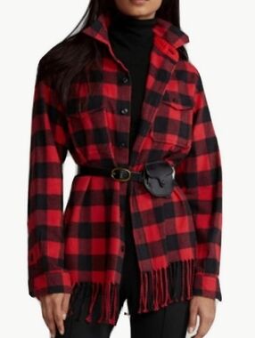 POLO Ralph Lauren Red & Black Buffalo Plaid Fringe Flannel Shirt Jacķet Size L